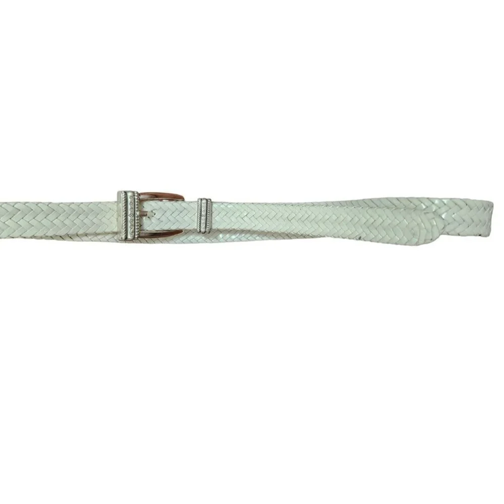 Talbots Women's White Woven Belt Size M Braided Leather Silver Buckle